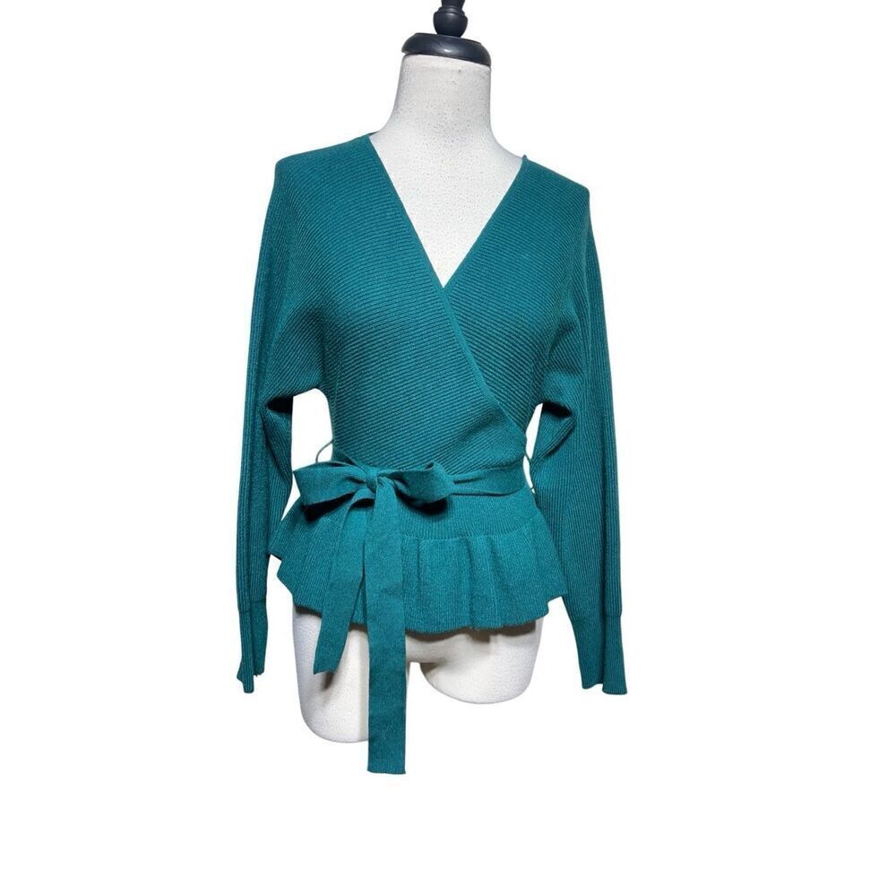 Zessica Green Long Sleeve Low Plunging Sexy Ruffled Belted Wrap Sweater Small